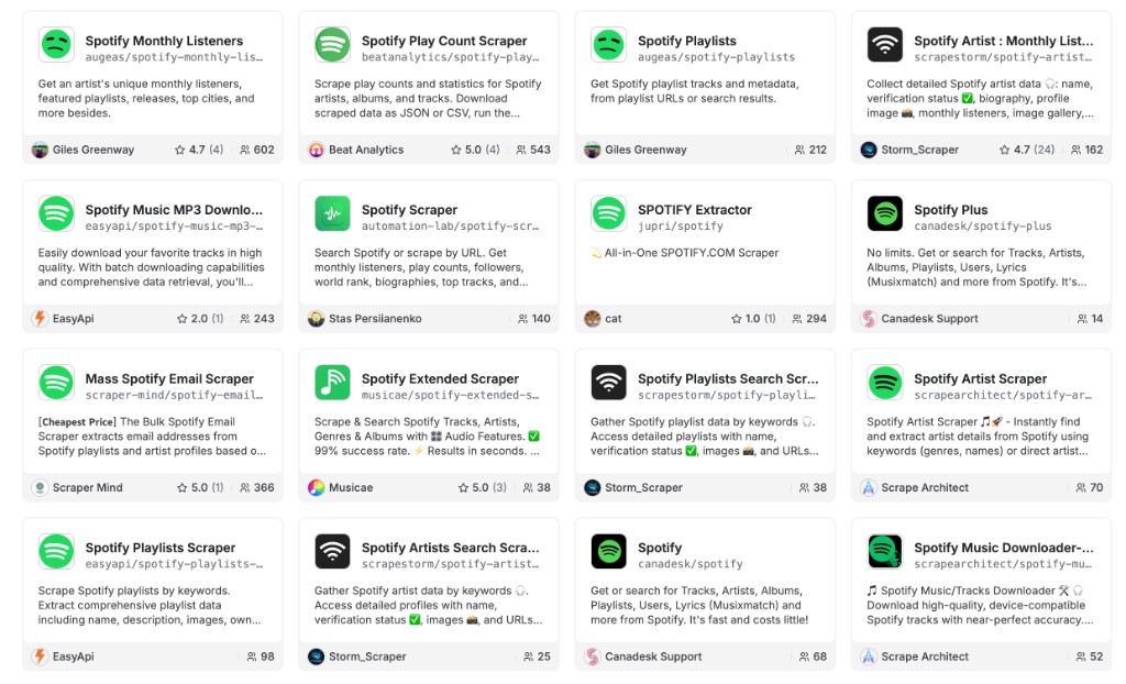Search results showing more than 20 different Spotify scrapers